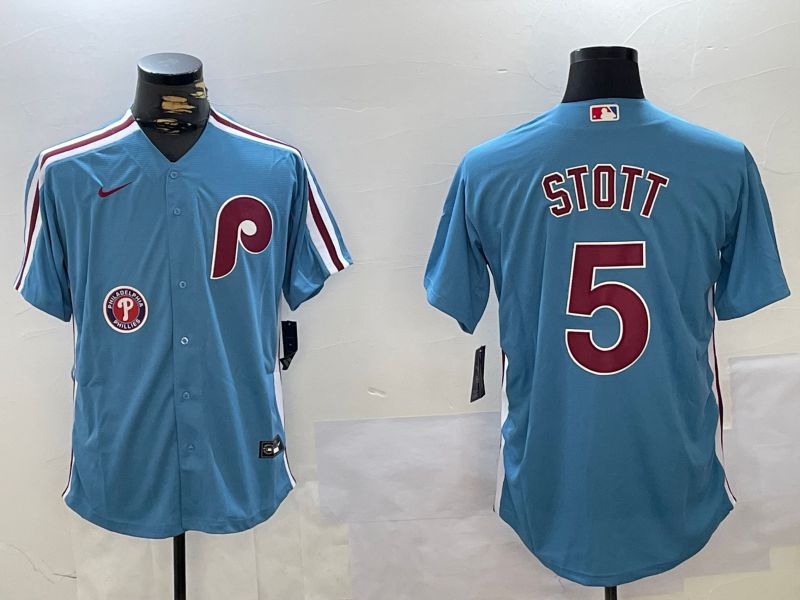 Men Philadelphia Phillies #5 Stott Blue Throwback Game 2024 Nike MLB Jersey style 3